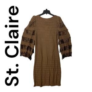 St Claire vintage women’s 8 medium knit brown dress beaded fringe puff St. John